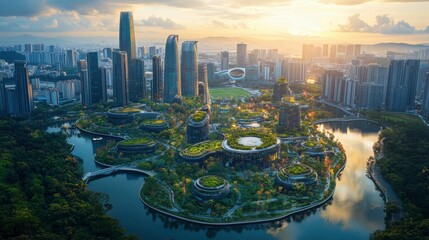 Overhead panorama of a smart city, where futuristic design and sustainability converge Vertical gardens adorn skyscrapers, while MICE freeform buildings and sports entertainment venues contribute to