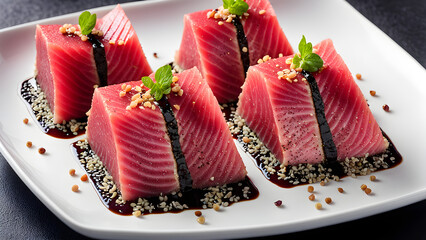 A plate of tuna sashimi, sprinkled with seasonings, delicious and healthy food, high-end Japanese ingredients