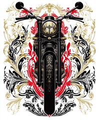 Canvas Print - A stylized motorcycle design with ornate floral patterns in black, gold, and red.