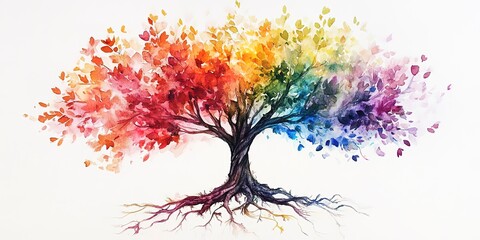 Poster - Watercolor painting of a tree with colorful leaves and roots on white background