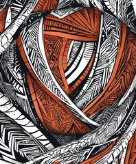 Wall Mural - Abstract design featuring intricate patterns in black, white, and orange hues.