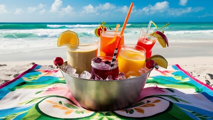 Cool summer drinks in ice bucket at the beach