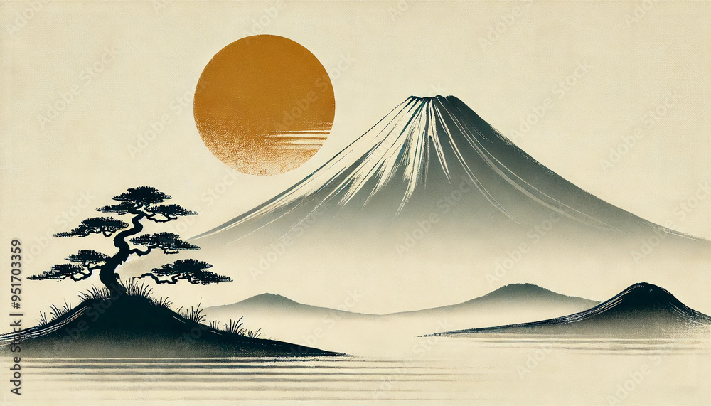 水墨画 富士山 松の木 太陽 和風 伝統的 金色 雲 日本美術 山岳風景