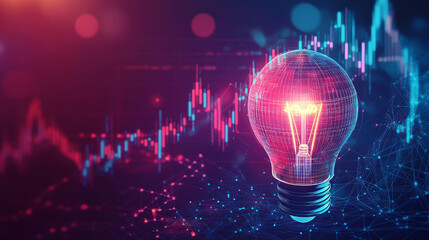 Vector illustration of 3D polygonal stock market candlesticks inside a digital light bulb, representing an economics innovation concept. Includes stock market graph charts and a lamp, illustrating a t