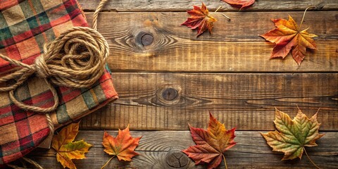 Sticker - Rustic plaid flannel pattern on worn wooden background with autumn leaves and twine