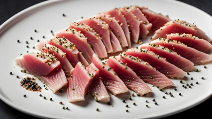 A plate of tuna sashimi, sprinkled with seasonings, delicious and healthy food, high-end Japanese ingredients