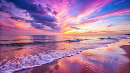 Wall Mural - pink and violet sky over a serene beach landscape with gentle waves, beach, landscape, sunset, sky, 