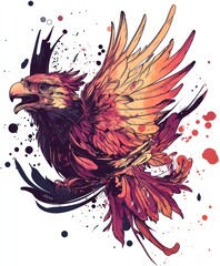 Canvas Print - A vibrant illustration of a mythical bird with colorful feathers and dynamic splashes of paint.