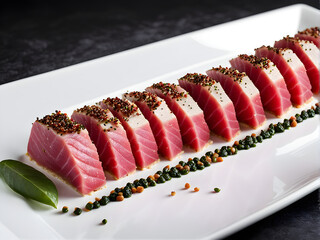 Wall Mural - A plate of tuna sashimi, sprinkled with seasonings, delicious and healthy food, high-end Japanese ingredients