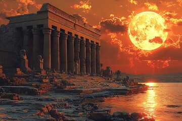 A stunning portrayal of an ancient Egyptian temple at twilight, illuminated by a full moon, perfect for Halloween-themed projects and events with copy space.