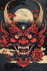 Hannya Mask Illustration in sacred geometric style