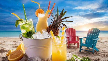 Cool summer drinks in ice bucket at the beach