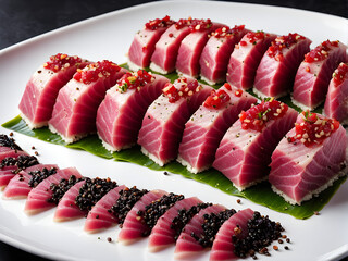 Wall Mural - A plate of tuna sashimi, sprinkled with seasonings, delicious and healthy food, high-end Japanese ingredients