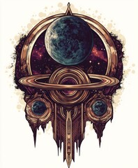 Poster - A stylized cosmic design featuring planets and rings, blending science fiction and art.