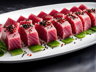 Wall Mural - A plate of tuna sashimi, sprinkled with seasonings, delicious and healthy food, high-end Japanese ingredients