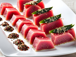 Wall Mural - A plate of tuna sashimi, sprinkled with seasonings, delicious and healthy food, high-end Japanese ingredients