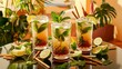 © Kartik - Mojito cocktails on a table. Summer cocktails with rum, lime, mint, ice cubes and brown sugar