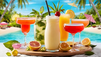 Collection of widely known refreshing summer alcoholic cocktails.Fresh, clean look