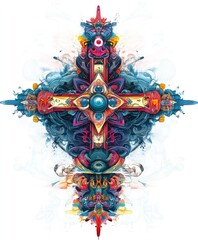 Wall Mural - A colorful, abstract cross design with intricate patterns and vibrant swirls.