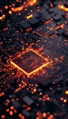 Wall Mural - Close-up view of a glowing microchip on an electronic circuit board, showcasing advanced technology and innovation in modern electronics.