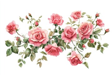 Poster - Beautifully painted pink roses with lush green leaves create an elegant arrangement against a white backdrop, showcasing the finesse of watercolor techniques