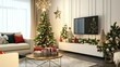 © Victoria - The cozy living room features a stylish Christmas tree adorned with ornaments, surrounded by presents and tasteful seasonal decorations, creating a festive ambiance