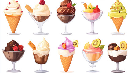 Wall Mural - Icons of frozen creamy desserts, including gelato ice cream, wafer cones, caramel Eskimo bars, chocolate-glazed sundaes with nuts, whipped cream, fruit ice, and fresh vanilla scoops in a glass bowl.