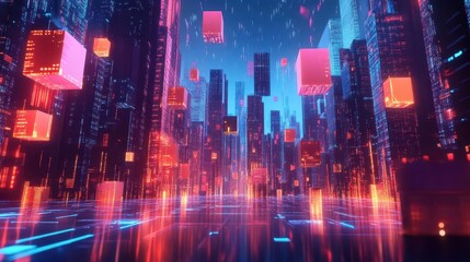 surreal 3d infographic cityscape with floating data cubes and neon streams