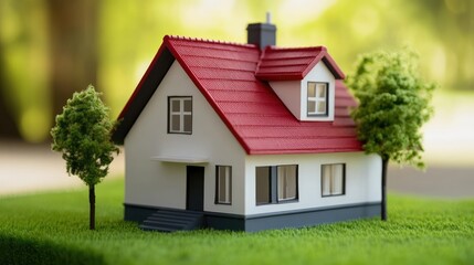 A model of a charming house is placed on vibrant green grass, illustrating a house sale concept aimed at potential buyers in a serene outdoor setting