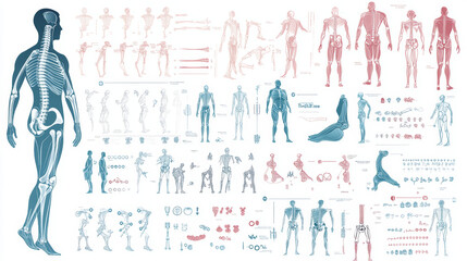 medical infographic featuring orthopedic anatomy charts. includes a human silhouette in motion with 