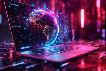 laptop with globe emerging from screen, futuristic, bright neon background