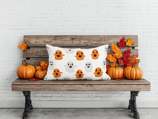 Poster - Halloween Decor on Wooden Bench with Pumpkins and Autumn Leaves.