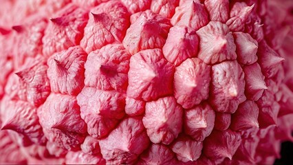 Close-up of a pink, spiky fruit with a textured surface.