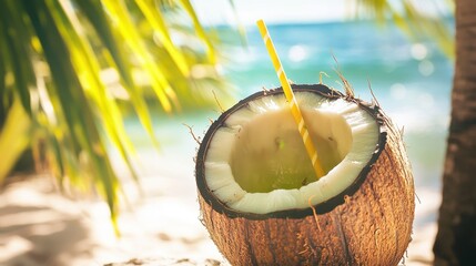 Wall Mural - Tropical Coconut Drink on Beach with Palm Leaves