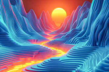 Glowing lava flowing through abstract blue mountains and sun