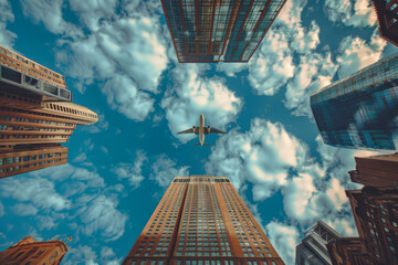 Tall city buildings and a plane flying overhead