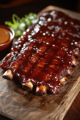 Canvas Print - Succulent BBQ Ribs on a Rustic Wooden Board