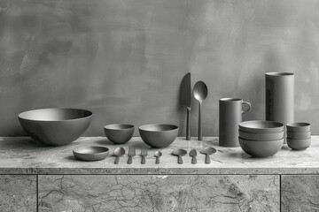 Modern minimalist black crockery set displayed on a concrete kitchen countertop