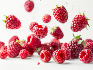 Wall Mural - Vibrant raspberries floating gracefully against a soft pink background, perfect for culinary and health-related visuals..