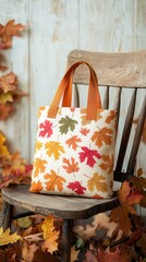 Sticker - Autumn Leaf Tote Bag on Wooden Chair.