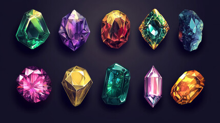 Collection of precious stones and gems for jewelry, including vector representations of rhinestone, brilliant, sapphire, amethyst, aquamarine, tourmaline, diamond, emerald, quartz, ruby, and agate.