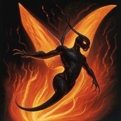 Sticker - A fiery Black mamba with outstretched wings, made of dancing flames, flying through a black void, with sparks trailing behind it.