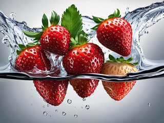 Fresh, ripe strawberries splashing in clear water with bubbles. Close-up shots highlight the vibrant red color and detailed texture of the fruit.