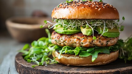 Canvas Print - Delectable Veggie Burger on Wooden Plate