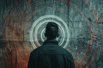 Poster - Man is standing in front of a wall with digital circles projected on it
