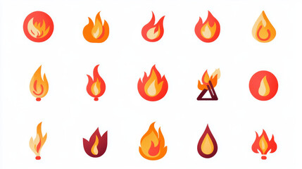 Set of red fire flat icons and pictograms, isolated on a white background, ideal for danger concepts or logo design.