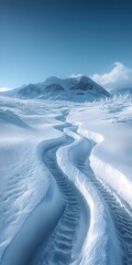 A winding path cuts through a snowy landscape, leading towards a range of snow-capped mountains under a bright blue sky.