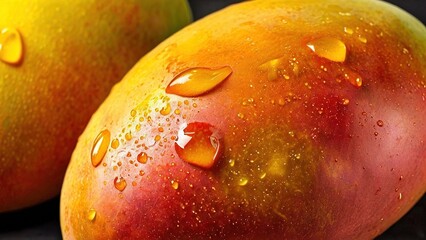 Close-up of two ripe mangoes with water droplets on their skin.