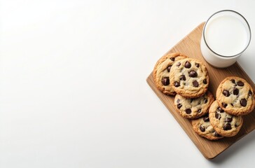 Poster - Chocolate Chip Cookies and Milk on a Wooden Cutting Board