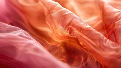 Abstract background of soft, flowing pink and orange fabric with a delicate texture and a shimmering sheen.